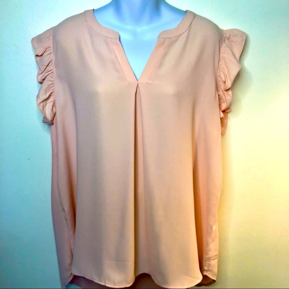 Zenana Outfitters Blush Pink Ruffle Sleeve V-Neck Blouse